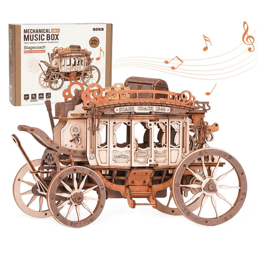 Robotime Wooden Music Box Puzzle 3D Puzzles Mechanical Building Construction Craft Birthday Anniversary Day Gift Kits Stagecoach