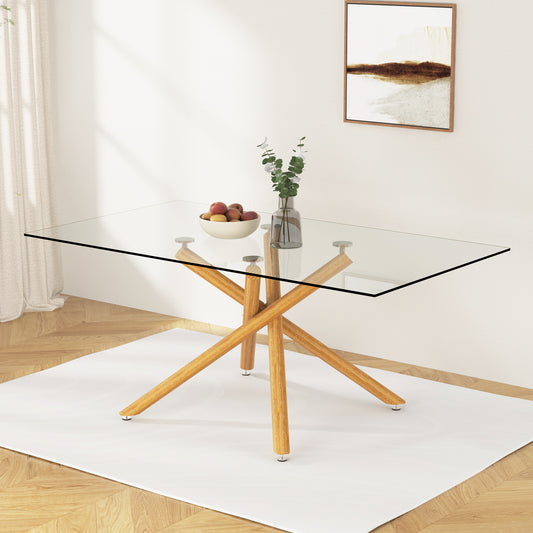 Large Modern Minimalist Rectangular Glass Dining Table for 6-8 with 0.39" Tempered Glass Tabletop and Wood color Metal Legs, for Kitchen Dining Living Meeting Room Banquet hall, 71" W x 39" D x 301537